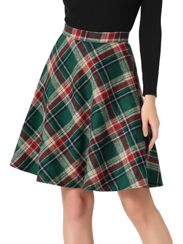 Allegra K Damen Karo Rock Festlich A-Linie Hohe Taille Kammgarn Kariert Midirock Grün Rot XL von Allegra K