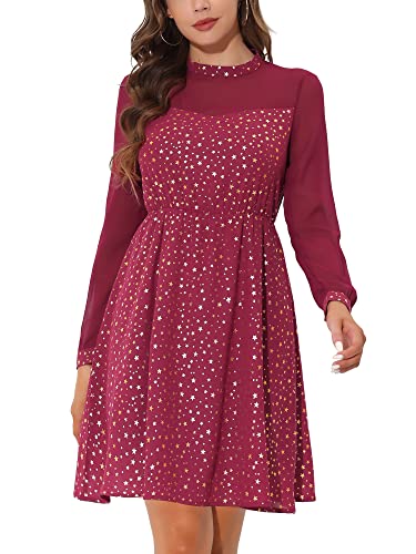 Allegra K Damen Kleid Langarm Hohe Taille A-Linie Glänzend Stern Party Club Minikleid Burgunderrot L von Allegra K