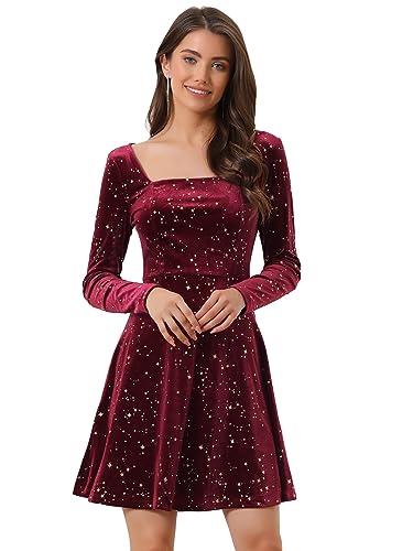Allegra K Damen Kleid Langarm Party Festlich Quadratischer Kragen Samt Stern Abendkleid Rot L von Allegra K