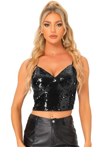 Allegra K Damen Ärmellos Pailletten Crop Top Spaghettiträger Club Party Tanktop Oberteil Schwarz L von Allegra K