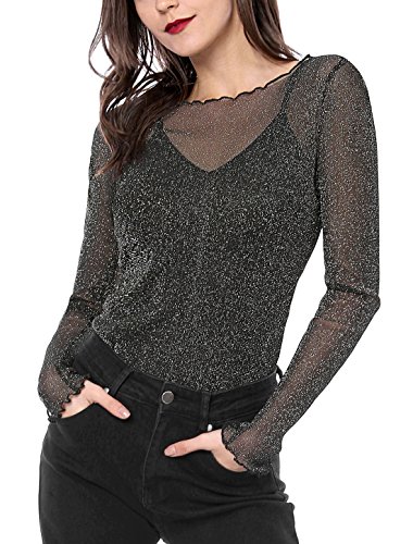 Allegra K Damen Weihnachten Kostüm Glitzer Oberteile Party Langarm Rüschen Durchsichtig Mesh Shirt Bluse Schwarz S von Allegra K