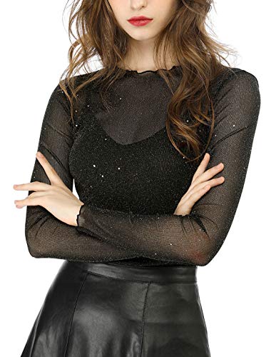 Allegra K Damen Halloween Kostüm Glitzer Oberteile Party Langarm Rüschen Durchsichtig Mesh Shirt Bluse Schwarz S von Allegra K