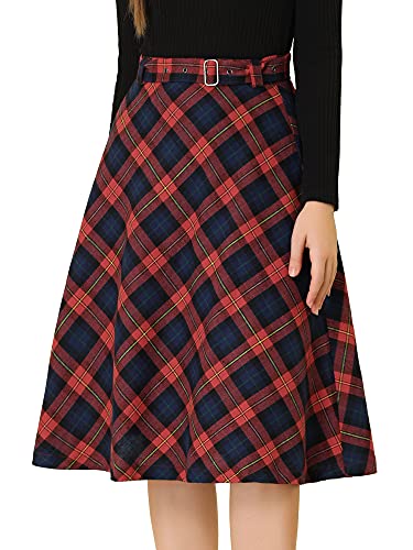 Allegra K Damen Kariert Rock Schottenrock Knielang A Linie High Waist Colorblock Midirock Rot blau 3XL von Allegra K