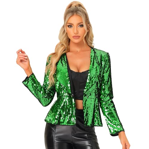 Allegra K Damen Langarm Pailletten Glitzerjacke Partyjacke 1 Knopfleiste Sequin Jacke Schwarz Grün L von Allegra K