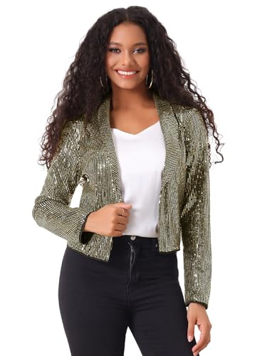 Allegra K Damen Weihnachten Kostüm Pailletten Blazer Festliche Jacke Glitzernder Vorne Offen Kurzer Cardigan Schwarzes Gold M von Allegra K
