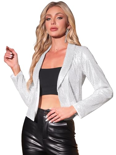 Allegra K Damen Weihnachten Kostüm Pailletten Blazer Festliche Jacke Glitzernder Vorne Offen Kurzer Cardigan Silber XL von Allegra K