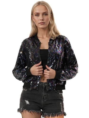 Allegra K Damen Glitzer Jacke Bomberjacke Pailletten Bomber Jacke Langarm Party Club Metallic Sequin Jacken Schwarzer Regenbogen L von Allegra K