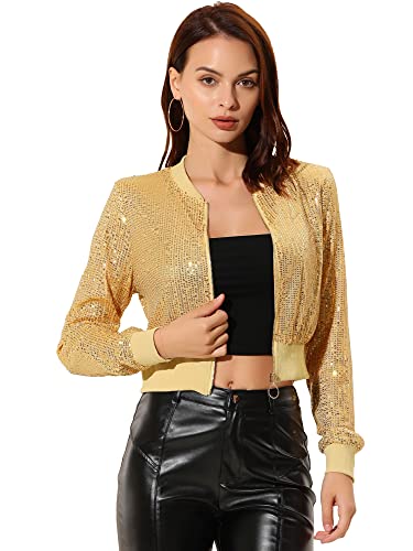 Allegra K Damen Pailletten Jacke Langarm Reißverschluss Crop Glitzer Sequin Bomberjacke Gelb S von Allegra K