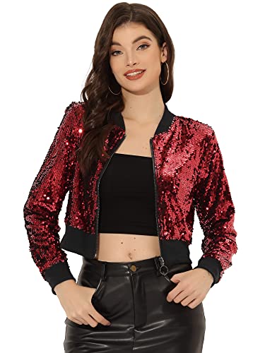 Allegra K Damen Pailletten Jacke Langarm Reißverschluss Crop Glitzer Sequin Bomberjacke Rot-A L von Allegra K