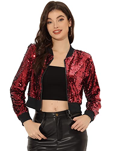 Allegra K Damen Pailletten Jacke Langarm Reißverschluss Crop Glitzer Sequin Bomberjacke Rot-A S von Allegra K