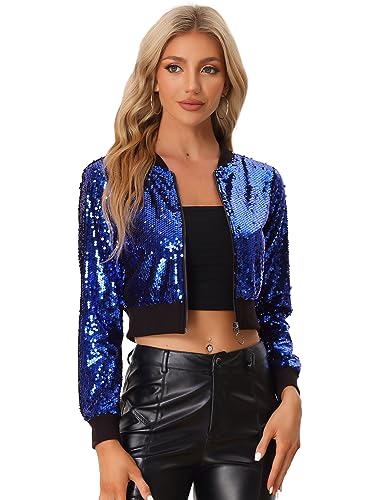 Allegra K Damen Pailletten Jacke Langarm Reißverschluss Crop Glitzer Sequin Bomberjacke Schwarz Blau L von Allegra K