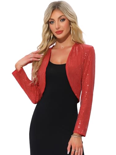Allegra K Damen Weihnachten-Kostüm Pailletten Jacke Party Vorne Offen Kurz Glitzernder Bolero Rot M von Allegra K
