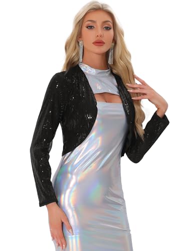 Allegra K Damen Weihnachten-Kostüm Pailletten Jacke Party Vorne Offen Kurz Glitzernder Bolero Schwarz M von Allegra K