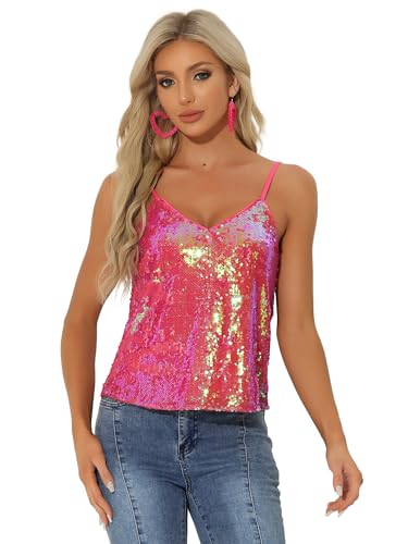 Allegra K Damen Pailletten Oberteil Glitzer Top Spaghetti Party Club Camisole Metallic Festival Shirt Top Rosa Grün M von Allegra K