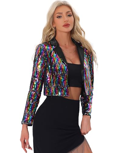 Allegra K Damen Weihnachten-Kostüm Paillettenjacke Party Reverskragen Vorne Offen Kurz Funkelnder Blazer Strickjacke Mehrfarbig S von Allegra K