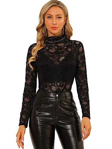 Allegra K Damen Langarm Durchsichtig Spitze Oberteil Stehkragen Mesh Blumen Lace Hochgeschlossene Top Bluse Schwarz 3XL von Allegra K