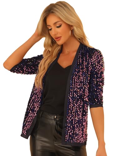 Allegra K Damen Pailettenjacke Glitzer Elegant Blazer Langarm Pailletten Party Club Offen Jacke Jacken Blau Lila XL von Allegra K