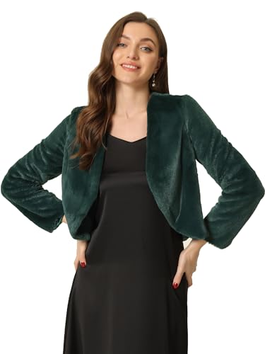 Allegra K Damen Langarm Kurze Jacke Kunstpelz Offen Front Crop Flauschige Winterjacke Dunkelgrün S von Allegra K