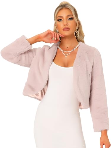 Allegra K Damen Langarm Kurze Jacke Kunstpelz Offen Front Crop Flauschige Winterjacke Rosa XL von Allegra K