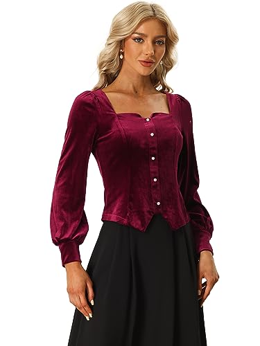 Allegra K Damen Langarm Vintage Samt Bluse Herzförmiger Ausschnitt Festlich Velvet Oberteil Burgund S von Allegra K