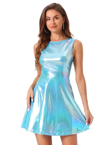 Allegra K Damen Minikleid Ärmellos Metallic Glitzer Rundhals A Linie Holografisch Party Kleid Blau L von Allegra K