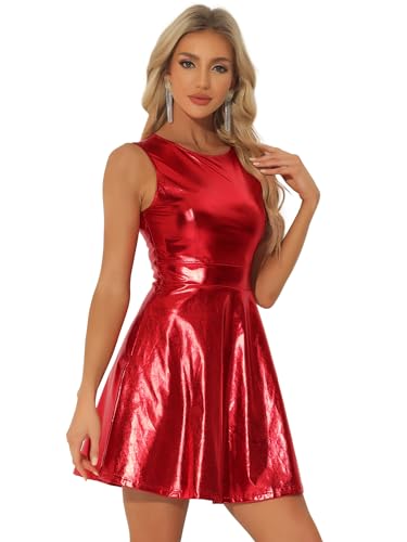 Allegra K Damen Minikleid Ärmellos Metallic Glitzer Rundhals A Linie Holografisch Party Kleid Rot L von Allegra K