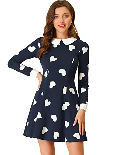 Allegra K Damen Minikleid Langarm A-Linie Bubikragen Polka Dots Elegant Party Kleid Marineblau Weiß Herz S von Allegra K