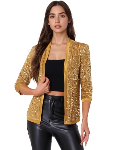 Allegra K Damen Pailettenjacke Glitzer Elegant Blazer Langarm Pailletten Party Club Offen Jacke Jacken Golds S von Allegra K