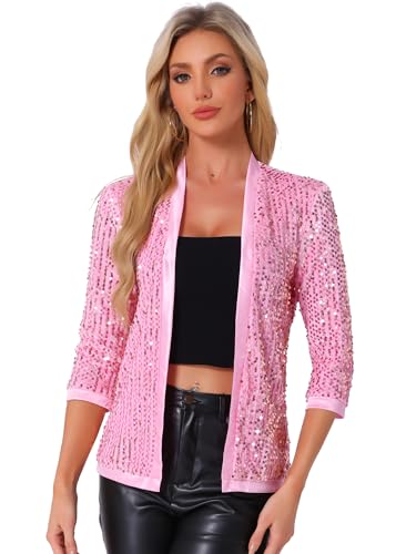 Allegra K Damen Pailettenjacke Glitzer Elegant Blazer Langarm Pailletten Party Club Offen Jacke Jacken Hell Rosa M von Allegra K