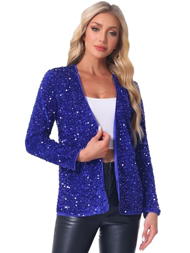 Allegra K Damen Weihnachten Pailletten Jacke Open Front Langärm Glitzer Disco Party Blazer Blau XS von Allegra K