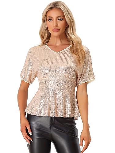 Allegra K Damen Pailletten Oberteil Kurzarm V-Ausschnitt Rüschensaum Party Glitzer Top Bluse Hellgelb L von Allegra K