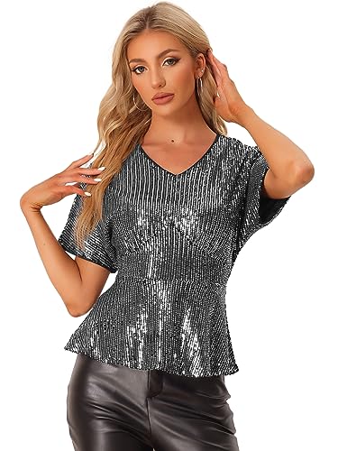 Allegra K Damen Pailletten Oberteil Kurzarm V-Ausschnitt Rüschensaum Party Glitzer Top Bluse Schwarz XS von Allegra K
