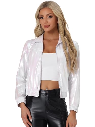 Allegra K Damen Party Jacke Langarm Reißverschluss Club Holographic Metallic Jacken Weiß Rosa Grün XL von Allegra K