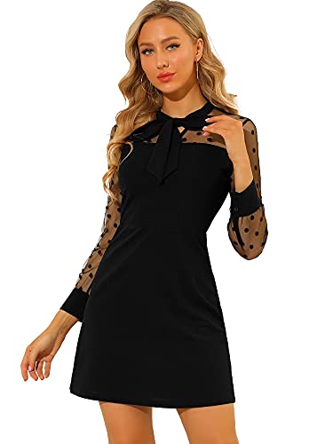 Allegra K Damen Partykleid Langarm V-Ausschnitt Polka Dots Krawatte Mesh Elegant Minikleid Schwarz M von Allegra K