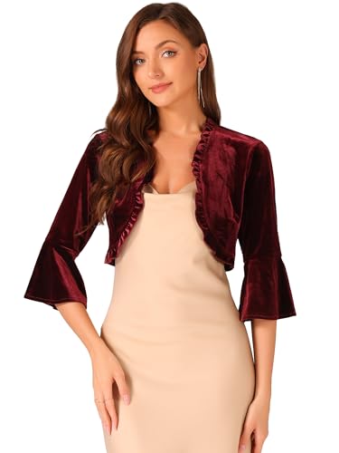 Allegra K Damen Samt Bolero 3/4-Ärmel Vorne Offen Rüschen Cocktail Party Kurzer Cardigan Burgund S von Allegra K