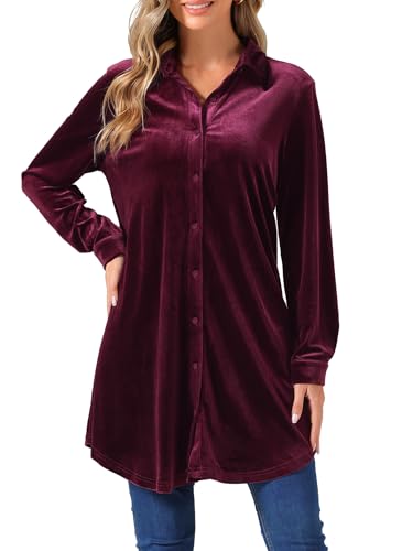 Allegra K Damen Weihnachten Samt Button Down T-Shirts Swing Casual Langarm Revers Tunika Oberteil Rot L von Allegra K