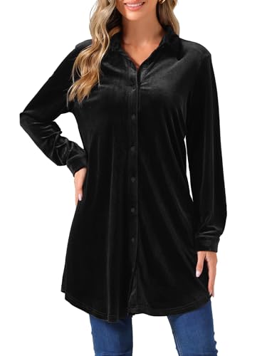 Allegra K Damen Weihnachten Samt Button Down T-Shirts Swing Casual Langarm Revers Tunika Oberteil Schwarz M von Allegra K