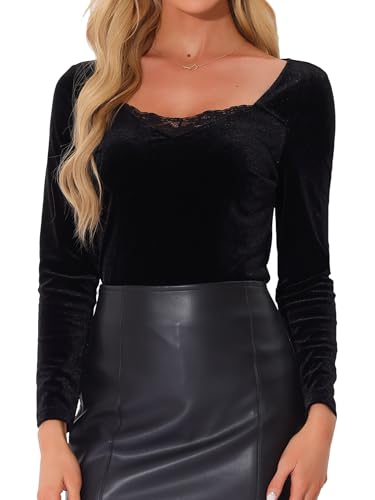 Allegra K Damen Weihnachten Samt Oberteil V-Ausschnitt Elegante Langarm Velvet T-Shirts Schwarz L von Allegra K