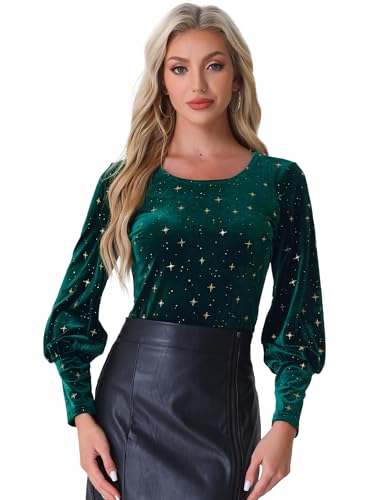 Allegra K Damen Weihnachten Samt Sterne Blusen Metallic Glänzend Rundhals Langärm Shirt Dunkelgrün XS von Allegra K