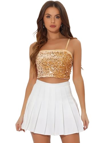 Allegra K Damen Pailletten Oberteil Ärmellos Tanktop Spaghettiträger Glitzer Cami Party Crop Top Champagner Gold XS von Allegra K