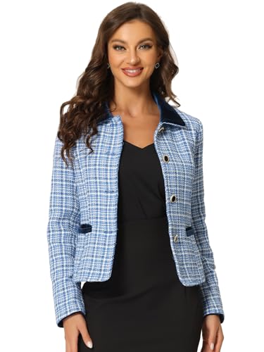 Allegra K Damen Tweed Blazer Langarm Revers Knopfleiste Karierte Samt Elegante Jacke Blau XS von Allegra K