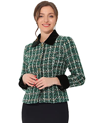 Allegra K Damen Tweed Blazer Langarm Revers Knopfleiste Karierte Samt Elegante Jacke Schwarz Grün XL von Allegra K