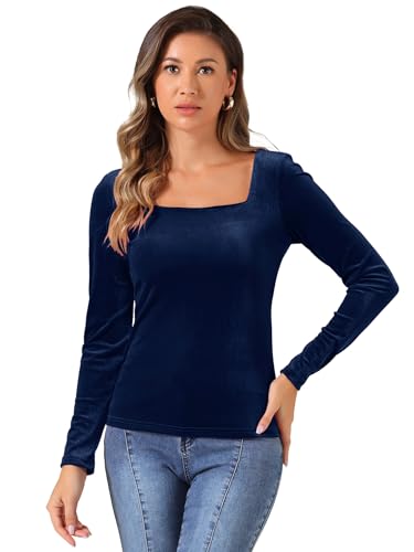 Allegra K Damen Velvet Oberteil Langarm Eckigem Ausschnitt Samt T-Shirt Bluse Dunkelblau S von Allegra K