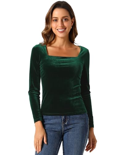Allegra K Damen Velvet Oberteil Langarm Eckigem Ausschnitt Samt T-Shirt Bluse Dunkelgrün L von Allegra K
