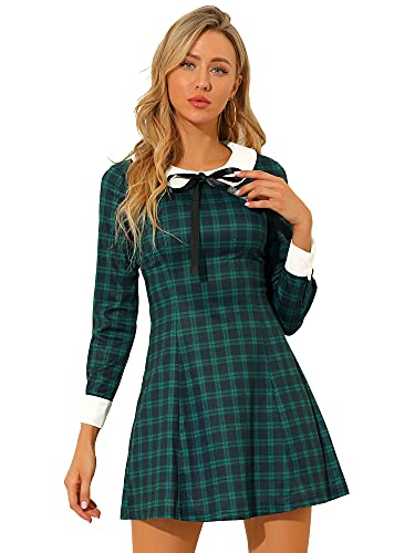 Allegra K Damen St. Patrick's Day Kontrast Peter Pan Kragen Langarm A-Linie Plaid Kleid, grün, 42 von Allegra K