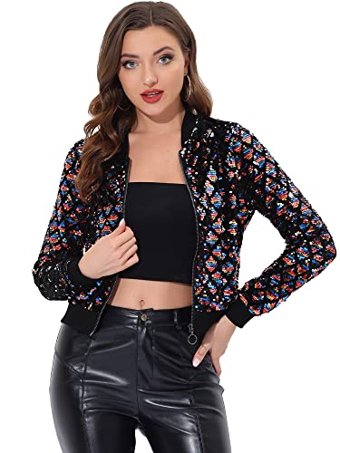 Allegra K Damen Glitzer Pailletten Bomberjacke Langarm Reißverschluss Party Club Kurze Jacke Regenbogen S von Allegra K