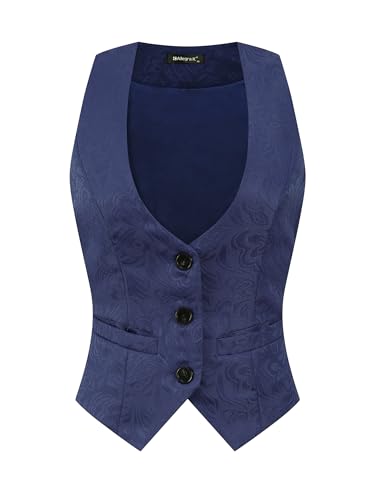 Allegra K Damen Anzugweste Ärmellos Gilet Knopfleiste Jacquard Vintage Weste Dunkelblau XS von Allegra K