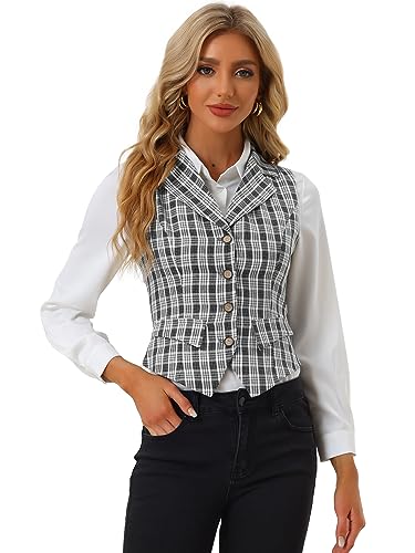 Allegra K Damen Weste Elegant Vintage Karierte Anzugweste Einreihig Reverskragen Ärmellos Westen Schwarz XS von Allegra K