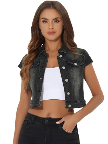 Allegra K Damen kurze Jeansjacke Jacke Kurzarm Sommer Knöpfen Stretch Denim Crop Westen Weste Schwarz S von Allegra K