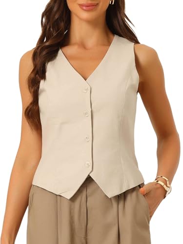 Allegra K Damen Weste Modisch Ärmellos Knopfleiste V-Ausschnitt Bauchfreies Top Sommerweste Khaki XS von Allegra K